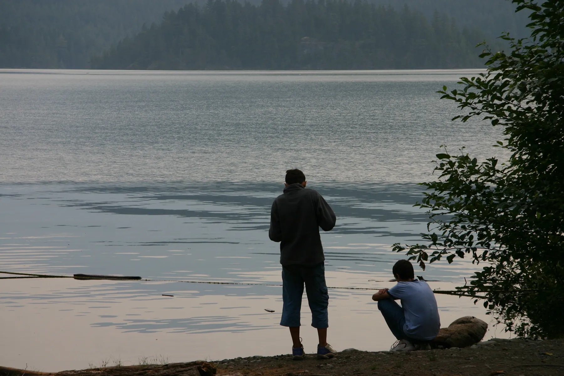 A man and a young man at the lake's edge, looking out